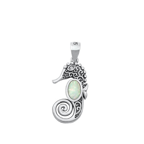 Sterling Silver Seahorse White Lab Opal Pendant