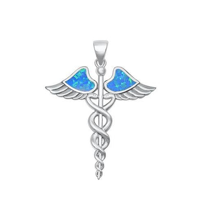 Sterling Silver Caduceus Blue Lab Opal Pendant