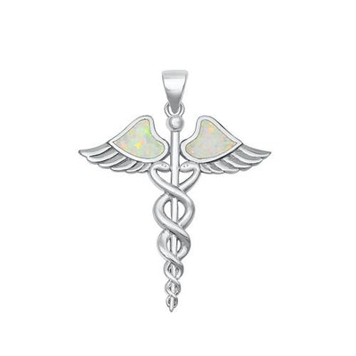 Sterling Silver Caduceus White Lab Opal Pendant