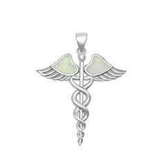 Sterling Silver Caduceus White Lab Opal Pendant