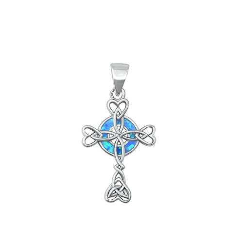 Sterling Silver Rhodium Plated Celtic Cross Blue Lab Opal Pendant