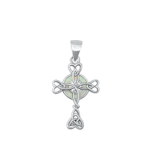 Sterling Silver Rhodium Plated Celtic Cross White Lab Opal Pendant
