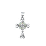 Sterling Silver Rhodium Plated Celtic Cross White Lab Opal Pendant