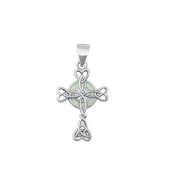 Sterling Silver Rhodium Plated Celtic Cross White Lab Opal Pendant