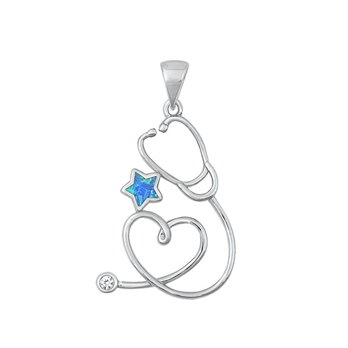 Sterling Silver Rhodium Plated Stethoscope Blue Lab Opal Pendant