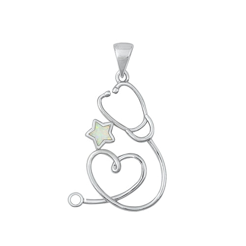 Sterling Silver Rhodium Plated Stethoscope White Lab Opal Pendant
