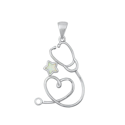 Sterling Silver Rhodium Plated Stethoscope White Lab Opal Pendant