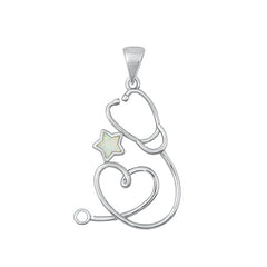 Sterling Silver Rhodium Plated Stethoscope White Lab Opal Pendant
