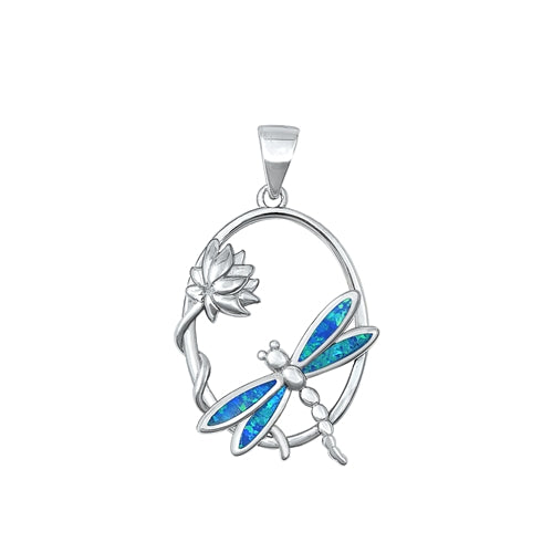 Sterling Silver Rhodium Plated Dragonfly Blue Lab Opal Pendant