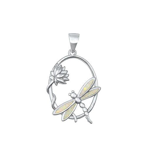 Sterling Silver Rhodium Plated Dragonfly White Lab Opal Pendant