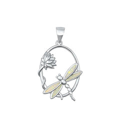 Sterling Silver Rhodium Plated Dragonfly White Lab Opal Pendant
