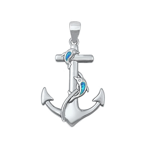 Sterling Silver Rhodium Plated Anchor Blue Lab Opal Pendant