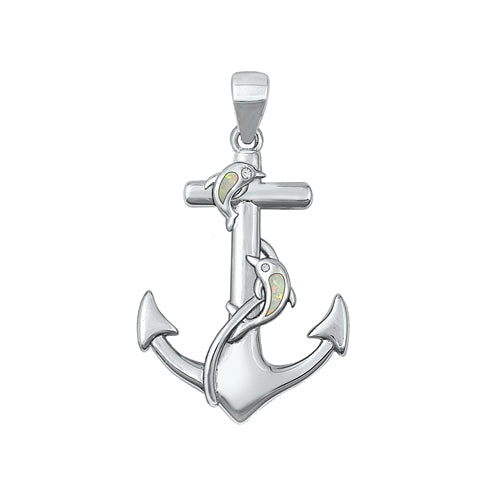 Sterling Silver Rhodium Plated Anchor White Lab Opal Pendant