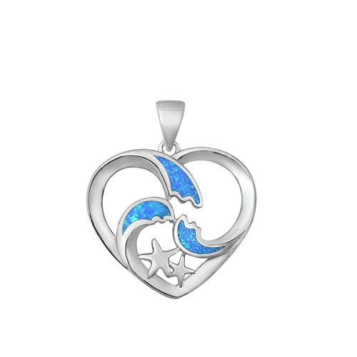 Sterling Silver Rhodium Plated Heart Blue Lab Opal Pendant-20.8mm