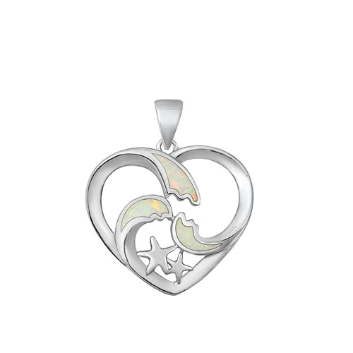 Sterling Silver Rhodium Plated Heart White Lab Opal Pendant-20.8mm