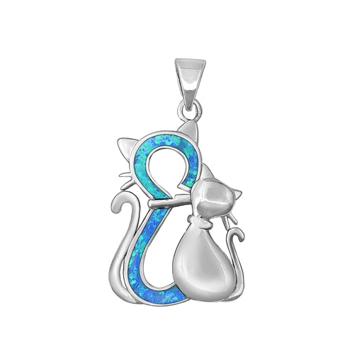 Sterling Silver Rhodium Plated Cats Blue Lab Opal Pendant
