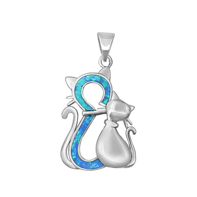 Sterling Silver Rhodium Plated Cats Blue Lab Opal Pendant