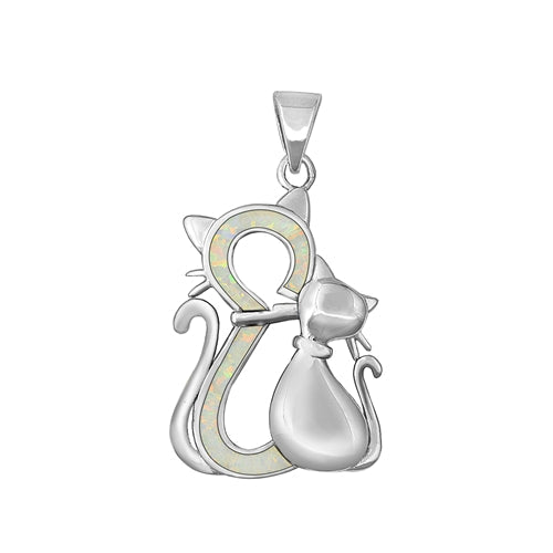 Sterling Silver Rhodium Plated Cats White Lab Opal Pendant