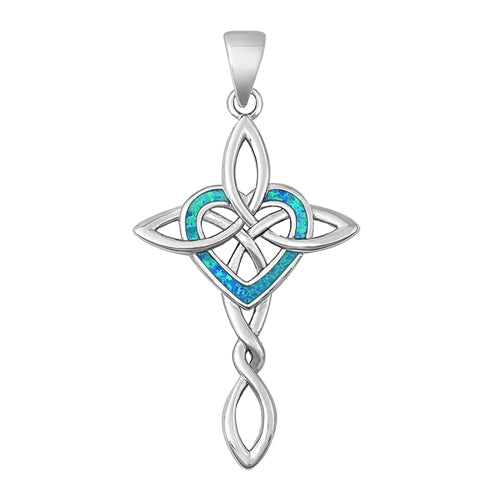 Sterling Silver Rhodium Plated Celtic Cross and Heart Blue Lab Opal Pendant