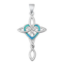Load image into Gallery viewer, Sterling Silver Rhodium Plated Celtic Cross and Heart Blue Lab Opal Pendant