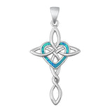 Sterling Silver Rhodium Plated Celtic Cross and Heart Blue Lab Opal Pendant