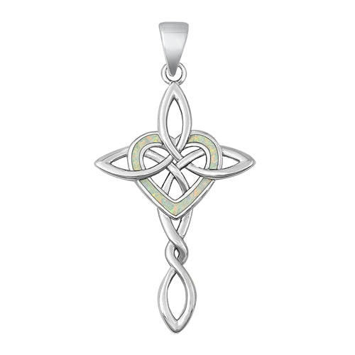 Sterling Silver Rhodium Plated Celtic Cross And Heart White Lab Opal Pendant