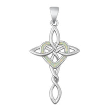 Load image into Gallery viewer, Sterling Silver Rhodium Plated Celtic Cross And Heart White Lab Opal Pendant