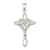 Sterling Silver Rhodium Plated Celtic Cross And Heart White Lab Opal Pendant