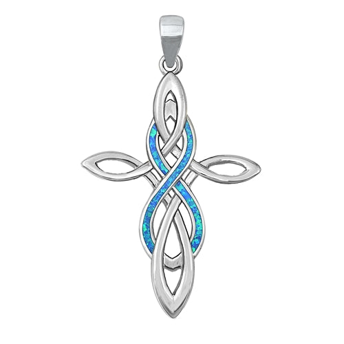 Sterling Silver Rhodium Plated Celtic Cross and Infinity Blue Lab Opal Pendant