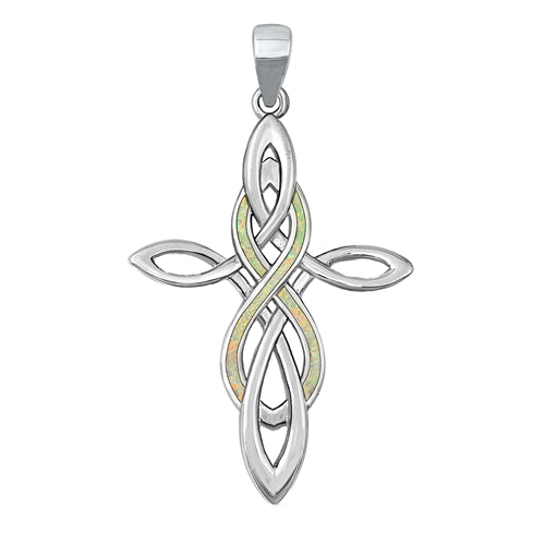Sterling Silver Rhodium Plated Celtic Cross and Infinity White Lab Opal Pendant
