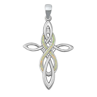 Sterling Silver Rhodium Plated Celtic Cross and Infinity White Lab Opal Pendant