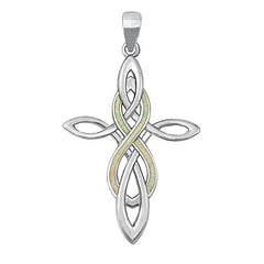 Sterling Silver Rhodium Plated Celtic Cross and Infinity White Lab Opal Pendant
