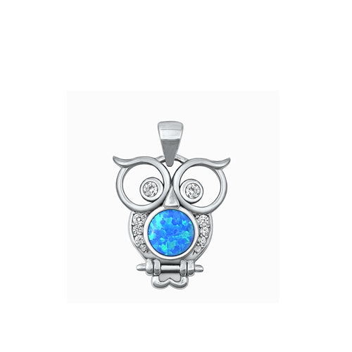 Sterling Silver Rhodium Plated owl Blue Lab Opal Pendant