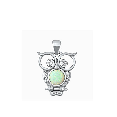 Sterling Silver Rhodium Plated owl White Lab Opal Pendant