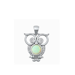 Sterling Silver Rhodium Plated owl White Lab Opal Pendant