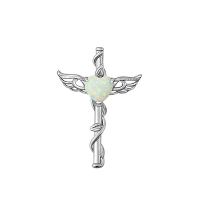 Sterling Silver Rhodium Plated Caduceus White Lab Opal Pendant