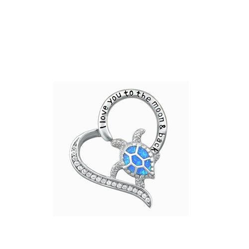 Sterling Silver Rhodium Plated Turtle and Heart Blue Lab Opal Pendant