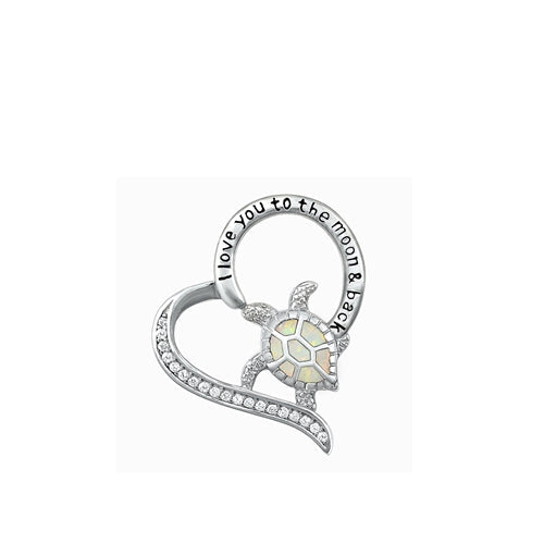 Sterling Silver Rhodium Plated Turtle and Heart White Lab Opal Pendant