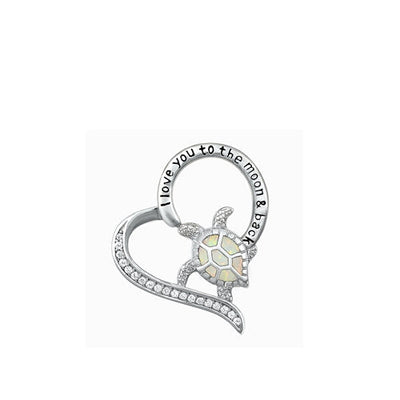 Sterling Silver Rhodium Plated Turtle and Heart White Lab Opal Pendant