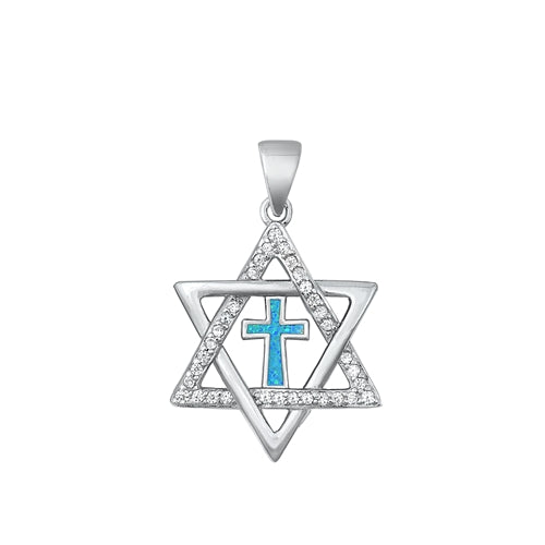 Sterling Silver Rhodium Plated Star of David and Cross Blue Lab Opal Pendant