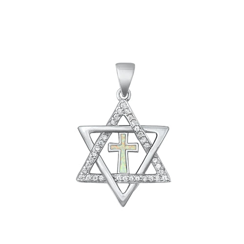 Sterling Silver Rhodium Plated Star of David and Cross White Lab Opal Pendant