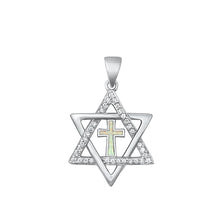 Load image into Gallery viewer, Sterling Silver Rhodium Plated Star of David and Cross White Lab Opal Pendant