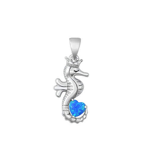 Sterling Silver Rhodium Plated Seahorse Blue Lab Opal Pendant