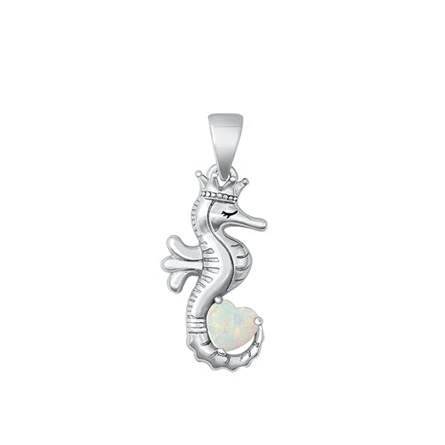 Sterling Silver Rhodium Plated Seahorse White Lab Opal Pendant