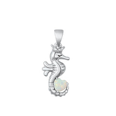 Sterling Silver Rhodium Plated Seahorse White Lab Opal Pendant