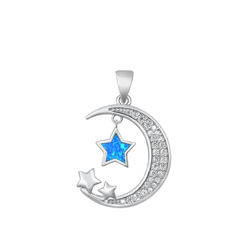Sterling Silver Rhodium Plated Moon and Stars Blue Lab Opal Pendant