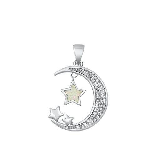 Sterling Silver Rhodium Plated Moon and Stars White Lab Opal Pendant