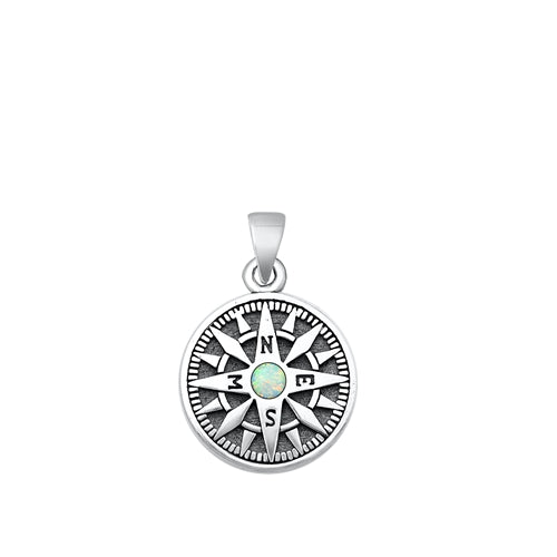Sterling Silver Oxidized Compass White Lab Opal Pendant