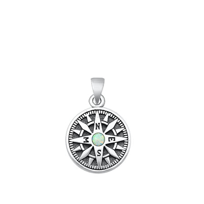 Sterling Silver Oxidized Compass White Lab Opal Pendant