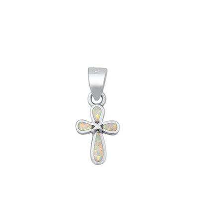 Sterling Silver High Polish Cross White Lab Opal Pendant
